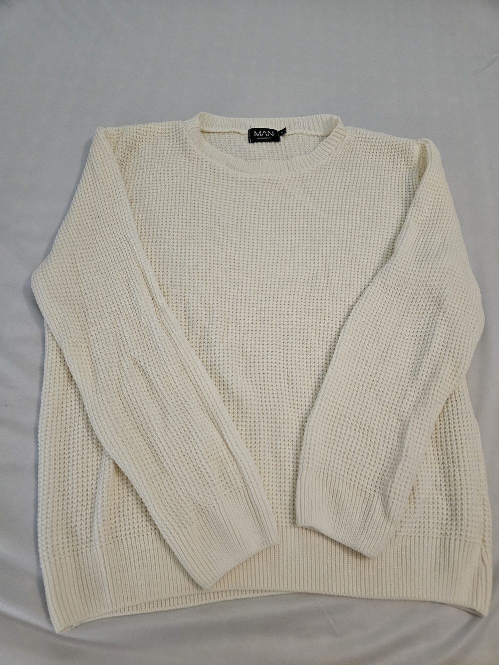 Boohoo Cream Waffle-Knit Crewneck Sweater